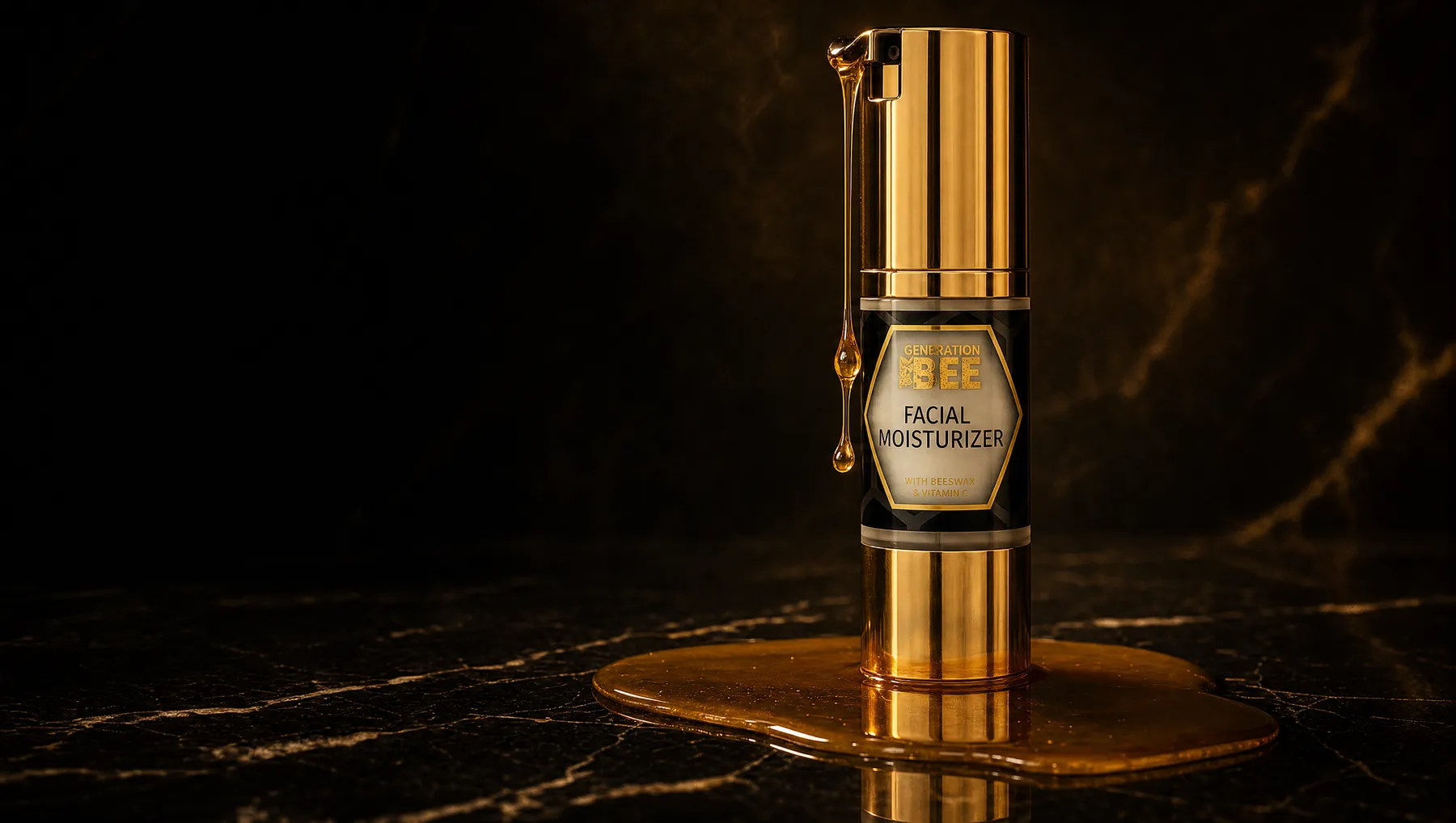 A Generation Bee gold pump bottle standing on dark marble beside a pool of honey
